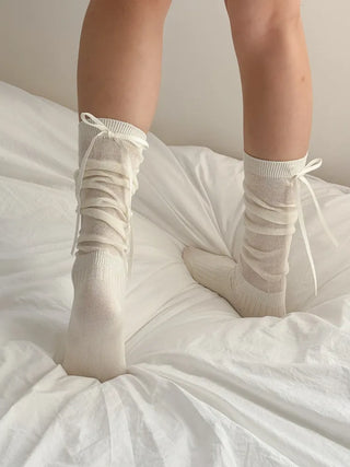Back Ribbon See-through Warmer Knee Socks Long Socks