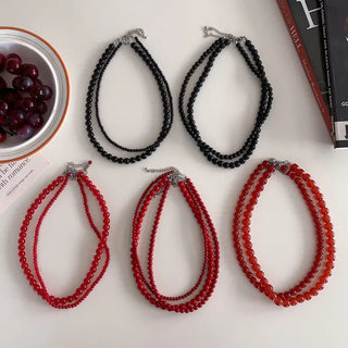 Round Red and Black Bead Gemstone Necklace Collection