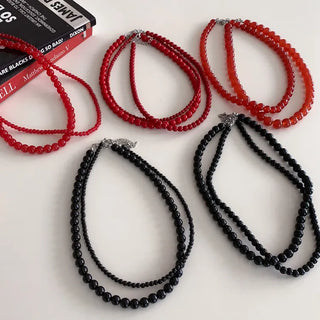 Round Red and Black Bead Gemstone Necklace Collection
