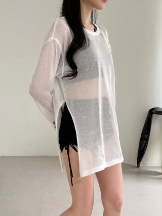 Side-Slit See-Through Anti-Slimming Knit Swimsuit Beach Cover-up