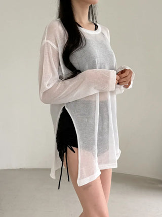 Side-Slit See-Through Anti-Slimming Knit Swimsuit Beach Cover-up