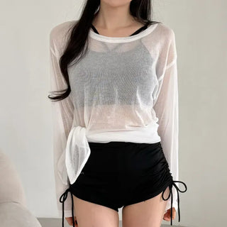 Side-Slit See-Through Anti-Slimming Knit Swimsuit Beach Cover-up