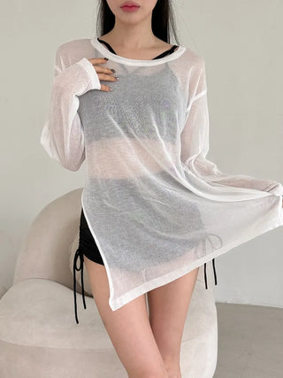 Side-Slit See-Through Anti-Slimming Knit Swimsuit Beach Cover-up