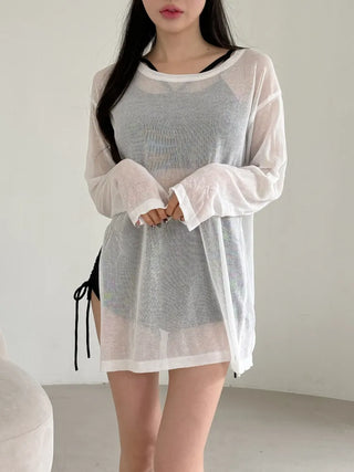 Side-Slit See-Through Anti-Slimming Knit Swimsuit Beach Cover-up