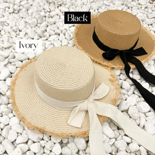 Feathery Ribbon Boater Hat Resort Rattan Summer Straw Hat