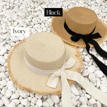 Feathery Ribbon Boater Hat Resort Rattan Summer Straw Hat