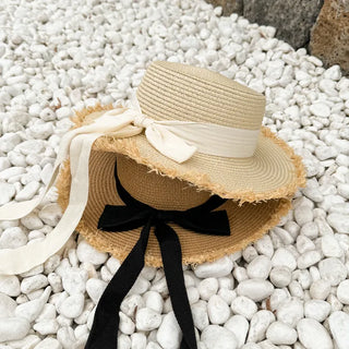 Feathery Ribbon Boater Hat Resort Rattan Summer Straw Hat