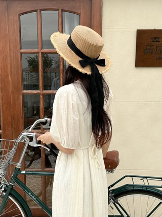 Feathery Ribbon Boater Hat Resort Rattan Summer Straw Hat