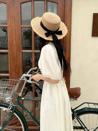 Feathery Ribbon Boater Hat Resort Rattan Summer Straw Hat