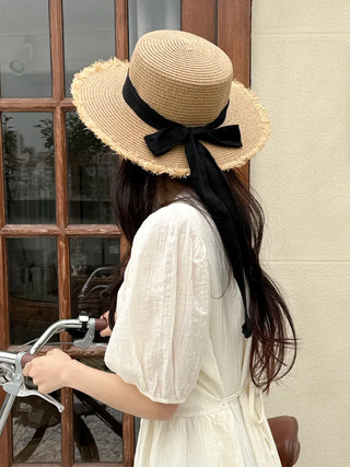 Feathery Ribbon Boater Hat Resort Rattan Summer Straw Hat