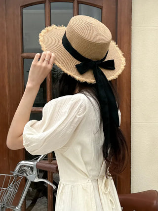 Feathery Ribbon Boater Hat Resort Rattan Summer Straw Hat