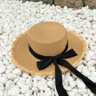 Feathery Ribbon Boater Hat Resort Rattan Summer Straw Hat