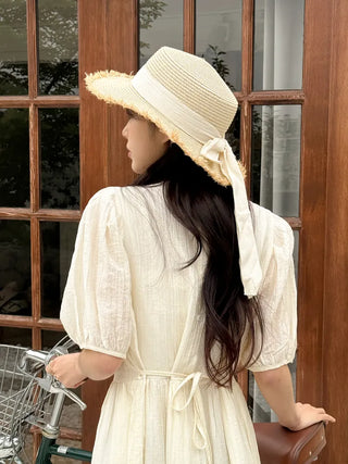 Feathery Ribbon Boater Hat Resort Rattan Summer Straw Hat