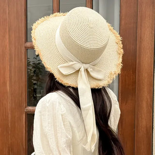 Feathery Ribbon Boater Hat Resort Rattan Summer Straw Hat