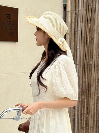 Feathery Ribbon Boater Hat Resort Rattan Summer Straw Hat