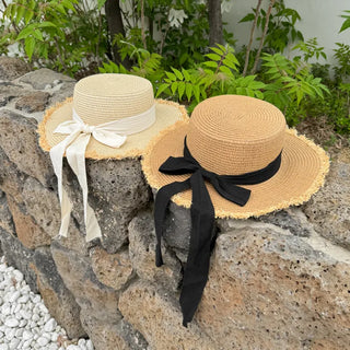 Feathery Ribbon Boater Hat Resort Rattan Summer Straw Hat