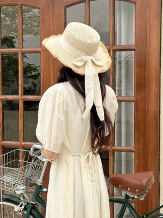 Feathery Ribbon Boater Hat Resort Rattan Summer Straw Hat