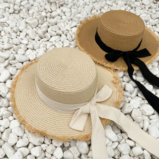 Feathery Ribbon Boater Hat Resort Rattan Summer Straw Hat