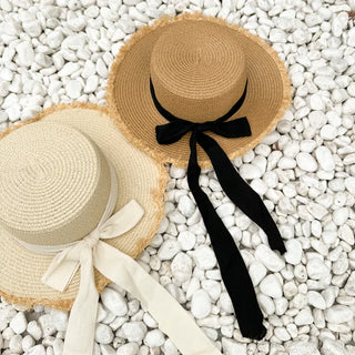 Feathery Ribbon Boater Hat Resort Rattan Summer Straw Hat