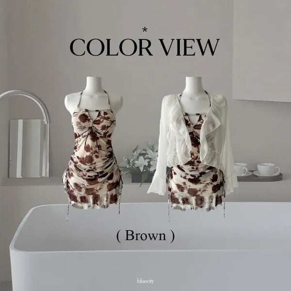 Shirred Flower Brown Body-Covering One-Piece Swimsuit