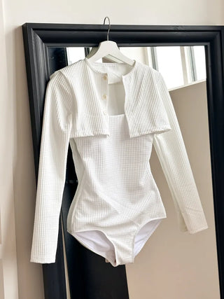 Embossed Button Cardigan Monokini Swimsuit