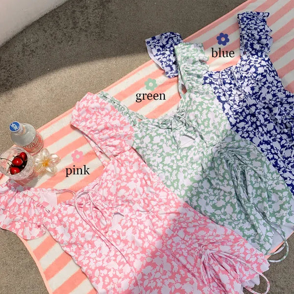 Frill Wings Flower Pattern Shirred Monokini One-Piece Swimsuit