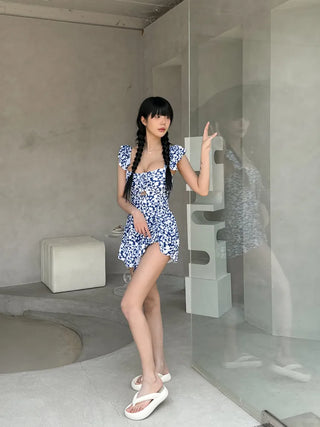 Frill Wings Flower Pattern Shirred Monokini One-Piece Swimsuit