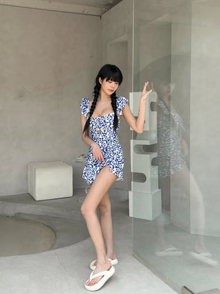 Frill Wings Flower Pattern Shirred Monokini One-Piece Swimsuit