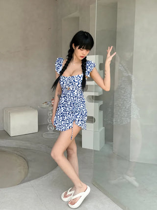 Frill Wings Flower Pattern Shirred Monokini One-Piece Swimsuit