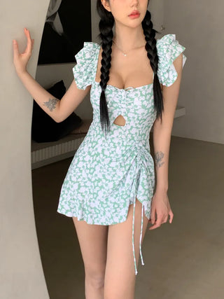 Frill Wings Flower Pattern Shirred Monokini One-Piece Swimsuit