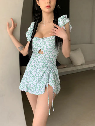 Frill Wings Flower Pattern Shirred Monokini One-Piece Swimsuit