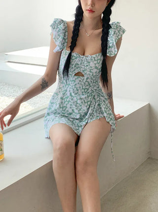 Frill Wings Flower Pattern Shirred Monokini One-Piece Swimsuit