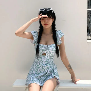 Frill Wings Flower Pattern Shirred Monokini One-Piece Swimsuit