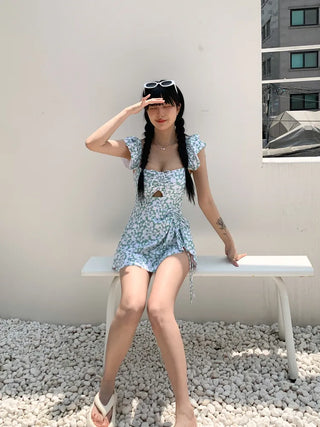 Frill Wings Flower Pattern Shirred Monokini One-Piece Swimsuit