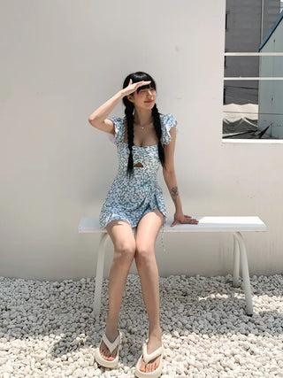 Frill Wings Flower Pattern Shirred Monokini One-Piece Swimsuit
