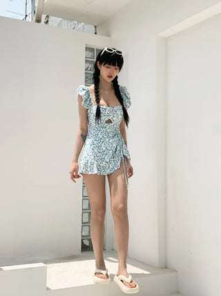 Frill Wings Flower Pattern Shirred Monokini One-Piece Swimsuit
