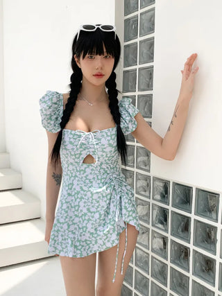 Frill Wings Flower Pattern Shirred Monokini One-Piece Swimsuit