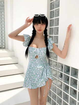 Frill Wings Flower Pattern Shirred Monokini One-Piece Swimsuit