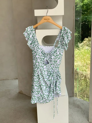 Frill Wings Flower Pattern Shirred Monokini One-Piece Swimsuit