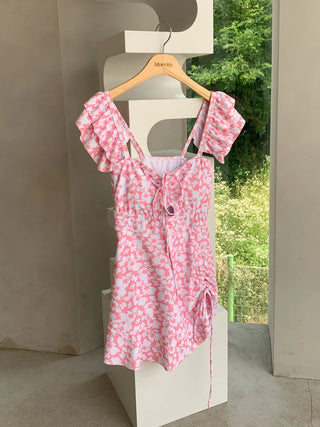 Frill Wings Flower Pattern Shirred Monokini One-Piece Swimsuit