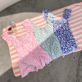Frill Wings Flower Pattern Shirred Monokini One-Piece Swimsuit