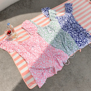Frill Wings Flower Pattern Shirred Monokini One-Piece Swimsuit
