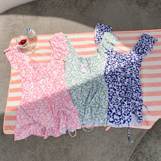 Frill Wings Flower Pattern Shirred Monokini One-Piece Swimsuit