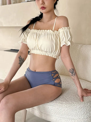 Cream of Color Block Off-Shoulder Bikini High-Waisted Swimsuit