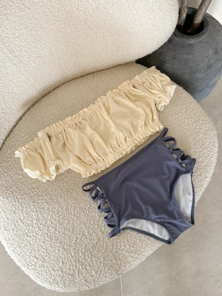 Cream of Color Block Off-Shoulder Bikini High-Waisted Swimsuit