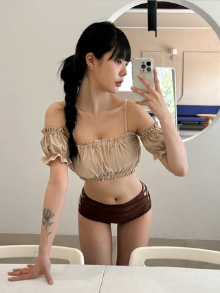 Cream of Color Block Off-Shoulder Bikini High-Waisted Swimsuit