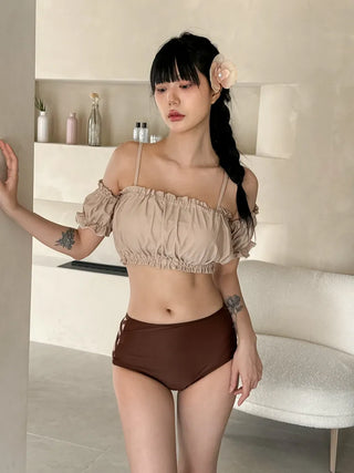 Cream of Color Block Off-Shoulder Bikini High-Waisted Swimsuit