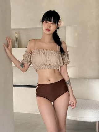 Cream of Color Block Off-Shoulder Bikini High-Waisted Swimsuit