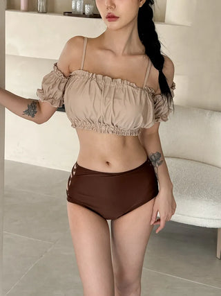 Cream of Color Block Off-Shoulder Bikini High-Waisted Swimsuit