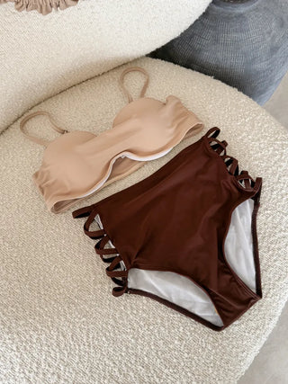 Cream of Color Block Off-Shoulder Bikini High-Waisted Swimsuit